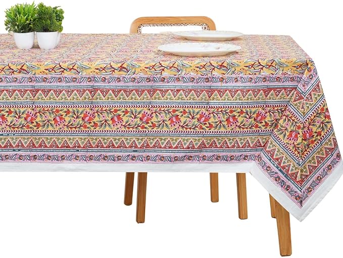 Handblock Print Cotton Tablecloth – 72x108 Rectangular Table Cover Seats 6–8 – Indian Block Printed Floral Dining Table Linen – Boho Washable Cloth for Kitchen, Party, Outdoor, Yellow