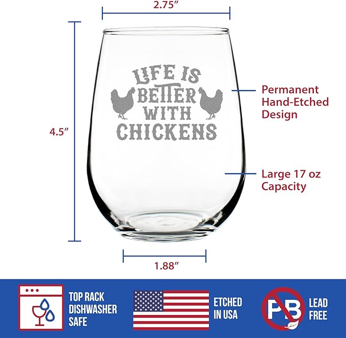 Custom Life is Better with Chickens - Personalized Stemless Wine Glass - Unique Chicken Gifts and Decor - Large 17 Ounce - Customized Wine Glass Gift