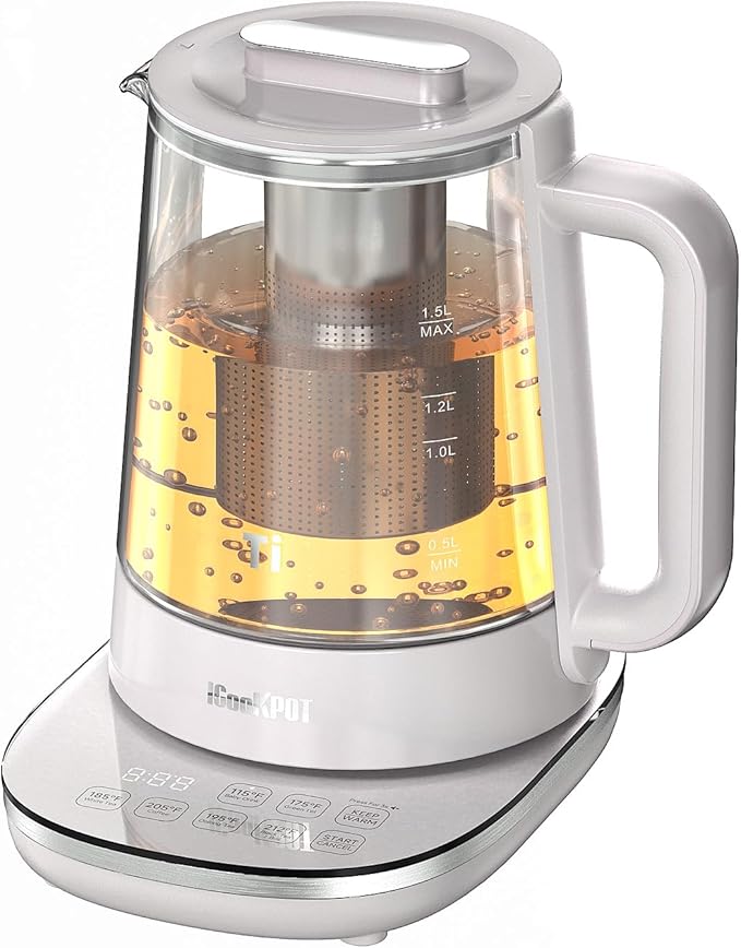 1500W Titanium Hot Tea Maker Glass Electric Kettle with Infuser and Temperature Control, 1.5L Tea Maker Rapid Boiling,Programmable Control for your Favorite Teas and Coffee, Grey