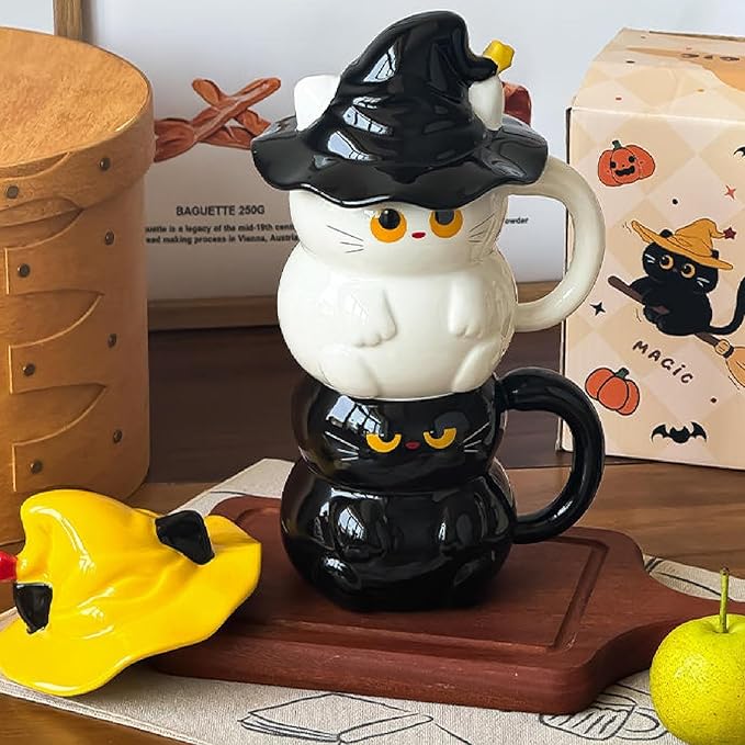 Cute Magic Cat Mug, Halloween Cat with Hat Cup, Mugs for Cat Lovers, Ceramic Mug with Lid, Gifts for Adults Kids Women
