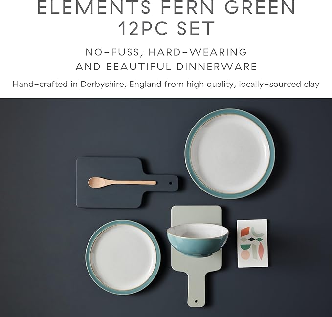Denby - Elements Fern Green Dinner Set For 4-12 Piece Simple Ceramic Stoneware Tableware Set - Dishwasher Microwave Oven Safe - Scratch Chip Resistant