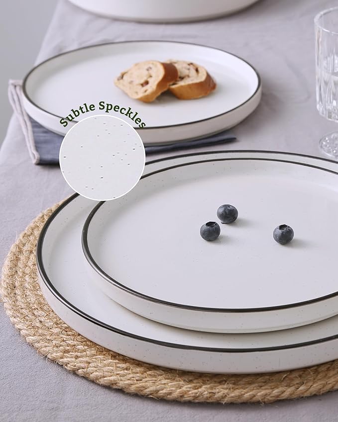 Famiware Nebula Plates and Bowls Sets for 4, 12 Pieces Stoneware Dinnerware Set, Microwave and Dishwasher Safe Dishes Set, White with Black Rim