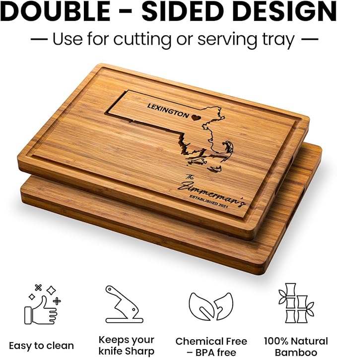 Massachusetts Cutting Board Personalized Gift, Wood State Destination Decor - New Home Kitchen Gifts, Perfect Housewarming Gift, Moving Away Gifts for Family