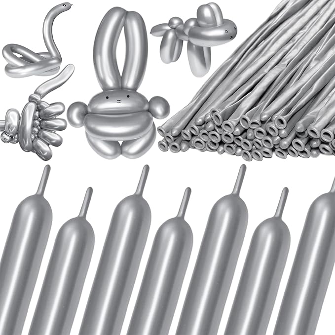 KAWKALSH 260 Metallic Silver Long Balloons for Balloon Garland Thickening Skinny Latex Twisting Animals Modeling Christmas Birthday Wedding Party Festival Decorations 100pcs