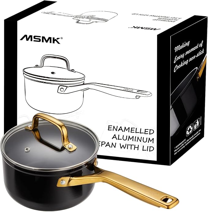 MSMK 1.5 QT Enamel Black Sauce Pan with Lid, MSMK Designed Enamel Exterior Coating Withstand High Temperature And Fade Resistance, Pfoa Fre, Burnt Also Non Stick, Oven Safe, Dishwasher Safe