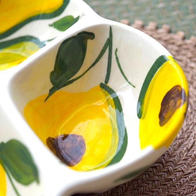 Ceramic Chip & Dip Bowl 7.5”, 3-Compartment Divided Serving Dish & Condiment Tray for Appetizers – Handmade in Spain, Lead-Free Glaze, Microwave, Oven & Dishwasher Safe