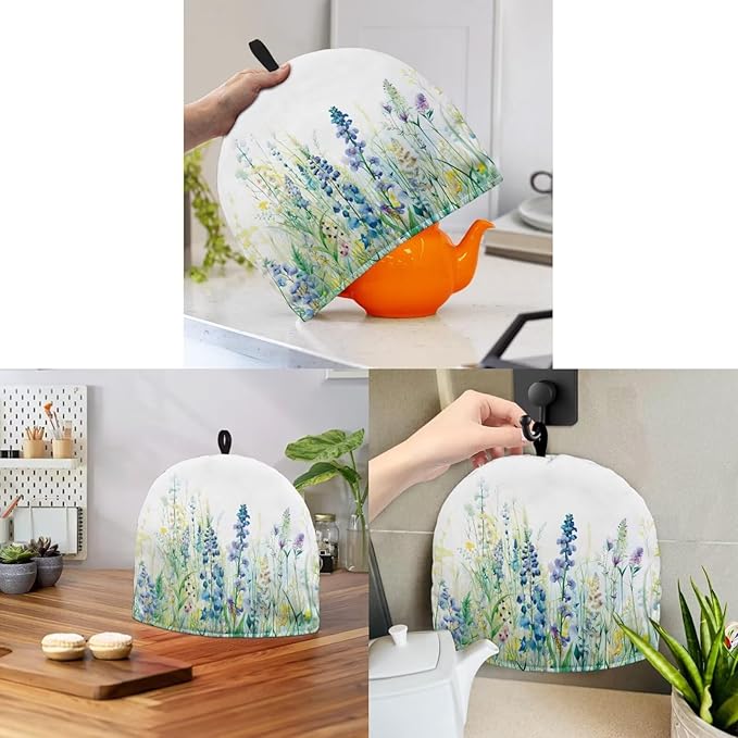 Tea Cozy for Teapots with Handle, Blue & Green Wildflower Print Dust Insulated Cover, Hanging Fold-Up Design, Suitable for Kitchen and Living Room Table Decoration