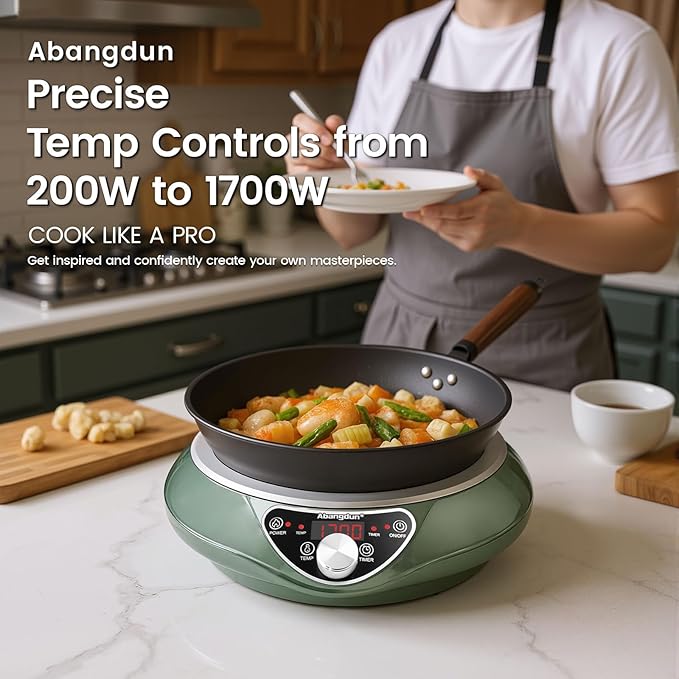 1700W 120V Wok Induction Cooktop,Non-Pulse Heating,16 Levels,18H Timer,13.4" Nitrided Carbon Steel Wok Set w/Lid&Steaming Rack,Round-Bottom Wok+ Flat Pan Compatible (<9"), Wok-Style Stir-Fry