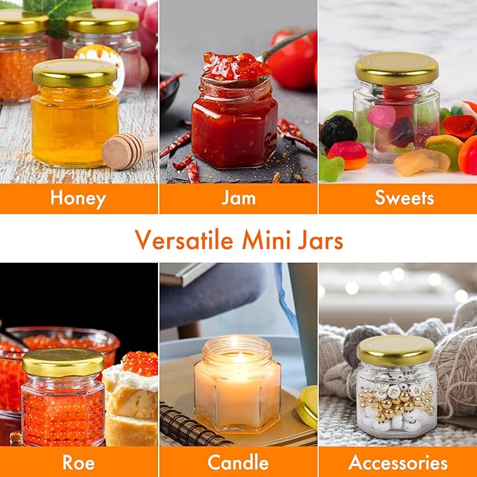 AuroTrends Mini Honey Jars with Dipper 1.5oz 60Pack, Empty Hexagon Honey Jars for Baby Shower Favors/Wedding Favors for Guests Bulk-Mini Glass Jar with Lids/Wooden Dippers (1.5 fl.oz-60Pack)