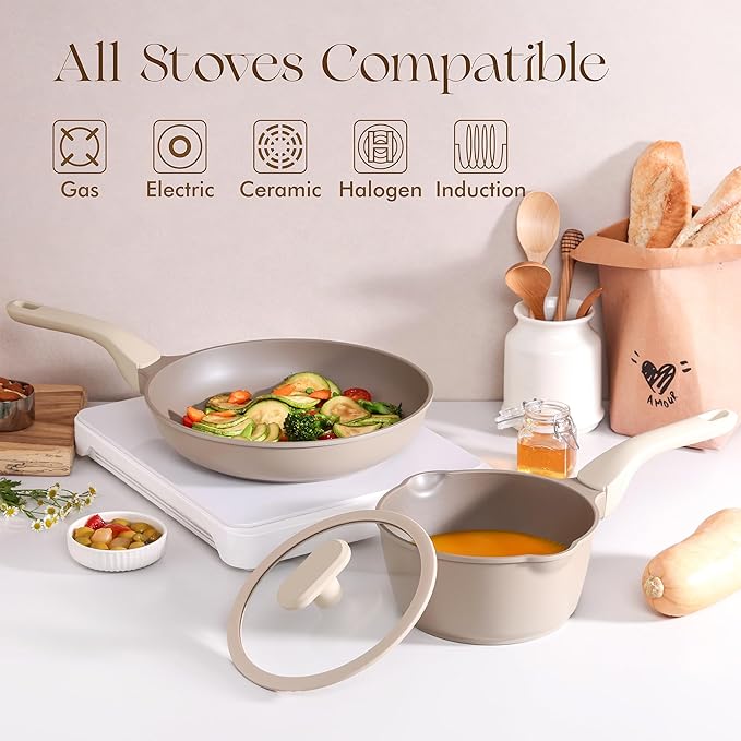 PRICUSIS Nonstick Pots and Pans Set, 9 Pieces Cookware, Omelete/Egg Skillet, Healthy Nonstick Frying Pan, PFOA Free, Induction Compatible, Honey Blush