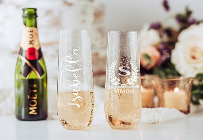 Personalized Champagne Stemless Flute Glass 8.5-ounce Custom Name Wedding Birthday Baby Shower Glass