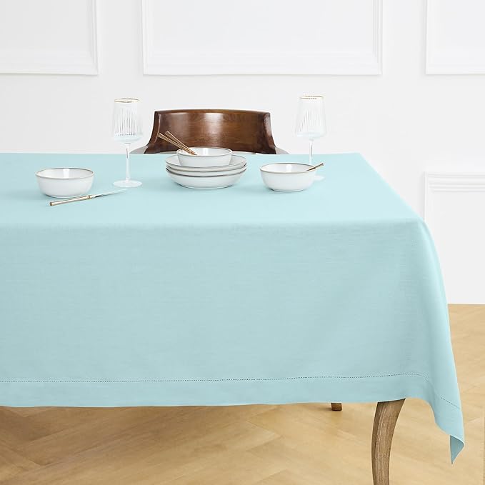 Solino Home Linen Aqua Blue Tablecloth 54 x 72 Inch - Classic Hemstitch, 100% Pure Linen Rectangular Tablecloth - Machine Washable Table Cloth for Winter, Spring, Easter
