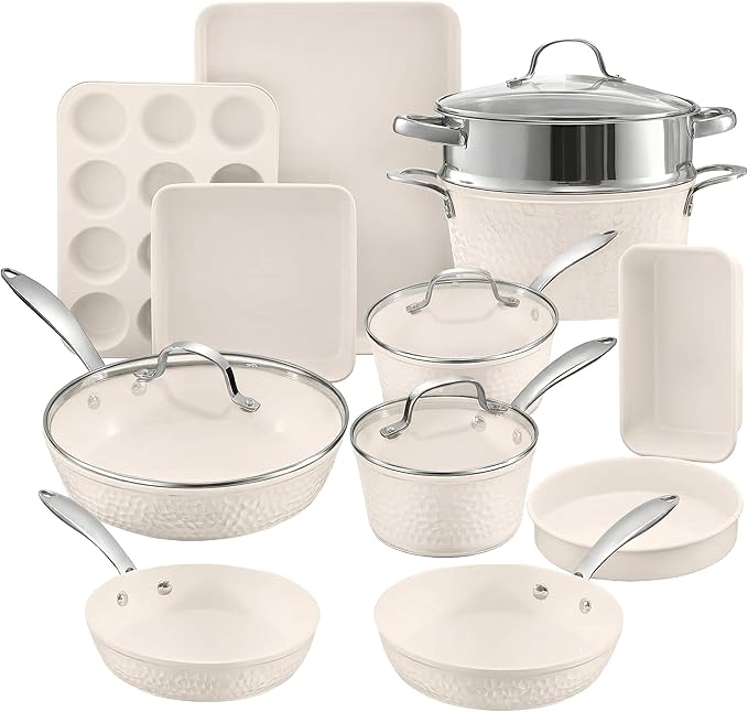 Gotham Steel Hammered 15Pcs Ceramic Cookware Set Nonstick, Induction Pots and Pans Set Non Stick with Bakeware Set & Steamer for Cooking, Non Toxic PFOA PFOS Free, Oven & Dishwasher Safe, Cream White