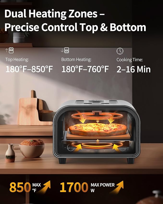 Pizza Oven Indoor, Heats up to 850°F, Makes 12” Pizzas in 90 Seconds, Electric Pizza Oven with 6 Touchscreen Presets, Countertop Pizza Ovens for Kitchen, Recipes & Pizza Stone Peel Included, Dark Grey
