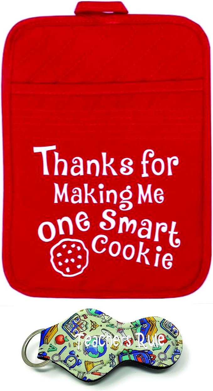 Teacher Appreciation Gift for Women - Thank You Present Potholder - One Smart Cookie Oven Mitt - Set of 2 (One Smart Cookie w/ Keychain)