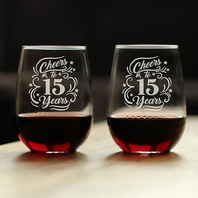 Bevvee Cheers to 15 Years - Stemless Wine Glass Gifts for Women & Men - 15th Anniversary Party Decor - Set of 2 - Large 17 Oz Glasses