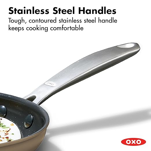 OXO Enhanced 12” Nonstick Frying Pan Skillet with Lid, Ceramic PFAS-Free Cookware, Stainless Steel Handle, Eggs & Omelets, Dishwasher & Oven Safe, Biscuit Brown