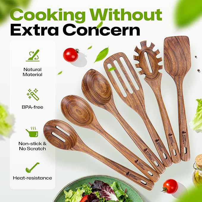 AIUHI Wooden Utensils Set of 6, Teak Wood Kitchen Utensils Set for Non-stick Cookware, Non-Toxic Wooden Spoons for Cooking-Durable, Comfortable Grip & Heat Resistant