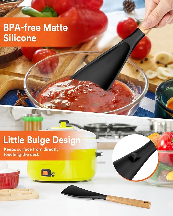 Multifunction Spoon for Nonstick Cookwares, Great for Cooking and Serving, Sturdy BPA-Free Matte Silicone, Wood Handle Spoonula for Mixing, Scoop, and Scrape, Black(2 pack,11.4" & 13.4")