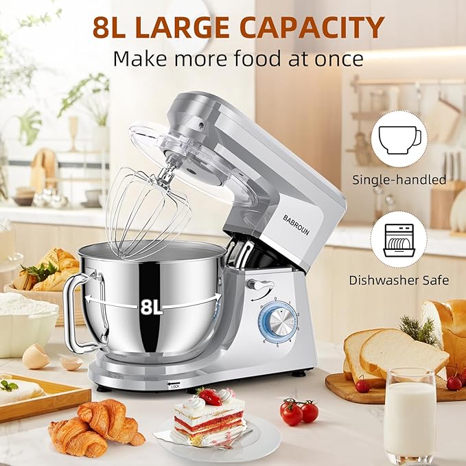 Dough Mixer 8.45 QT Electric Mixer - 660W 6 Speed Large Capacity Kitchen Stand Mixer with Whisk Dough Hook Mixing Beater Household Food Mixer for Baking Cakes Cookie Bread Salad(Silver)
