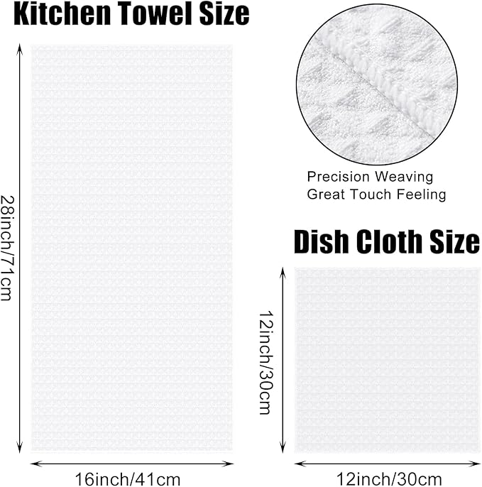 Homaxy Microfiber Waffle Weave Kitchen Towels Set, 16 x 28 Inch and 12 x 12 Inch Ultra Absorbent and Solid Color Dish Towels, 12 Pack, White