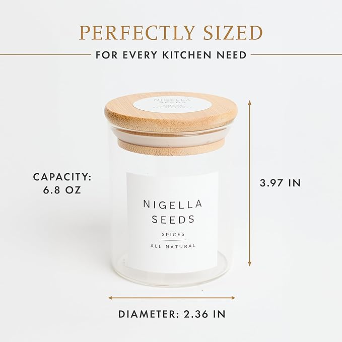 Glass Spice Jars with Labels-12 Pack- 6.8oz- 360 Labels- Spice Containers with Bamboo Lids -Spices Organization for Cabinet-Drawer-Rack-Seasoning containers-herbs- Organizer-Spices Bottles