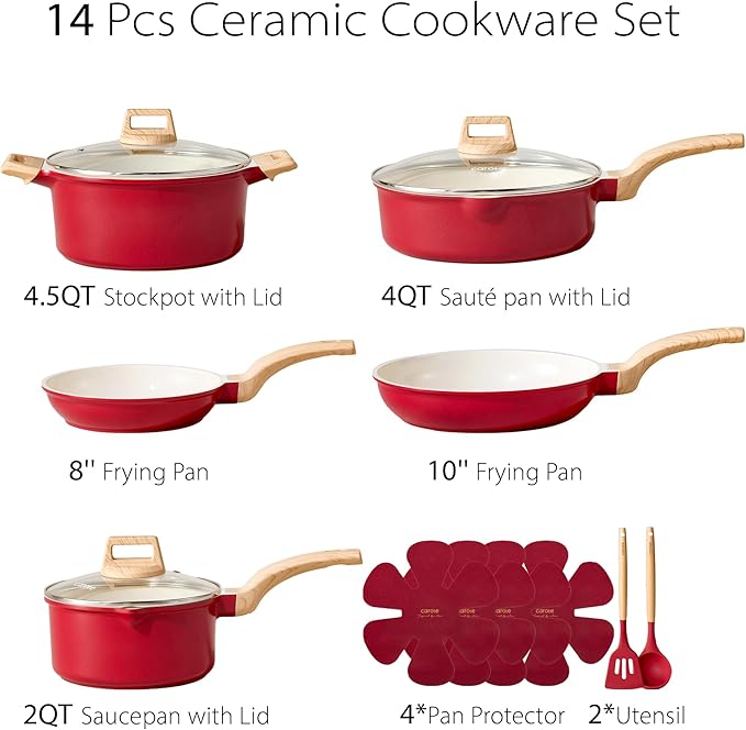 CAROTE 14 Pcs Ceramic Cookware Set, Pots and Pans Set Non Stick with Ceramic Coating, Induction Kitchen Sets, Red