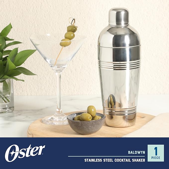 Oster Baldwyn 750 mL Cocktail Shaker with Lid – Stainless Steel Martini Shaker, Drink Mixer Bar Tool for Home Bartending and Cocktails