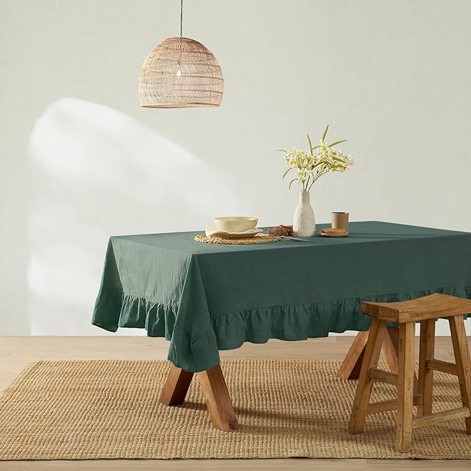 MONDAY MOOSE Ruffle Farmhouse Rustic Rectangle Natural Stonewashed Cotton Tablecloth for Kitchen, Dining Room, Restaurant (60x86 inch, Teal Green)