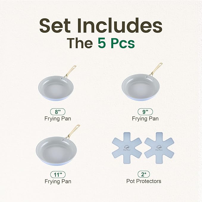 Chef Power Ceramic Frying Pan with Stainless Steel handle 5Pcs Set, Non Stick Grill Pan Set, Dishwasher and Oven Safe, Light Blue and Granite Grey