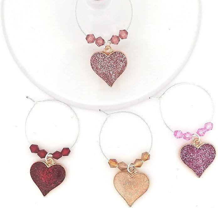 Valentine's Day Heart Wine Charms, Gift For Her, Heart Shaped Wine Charms, Glass Tag Identifiers, Party Favors - 4 Piece Set