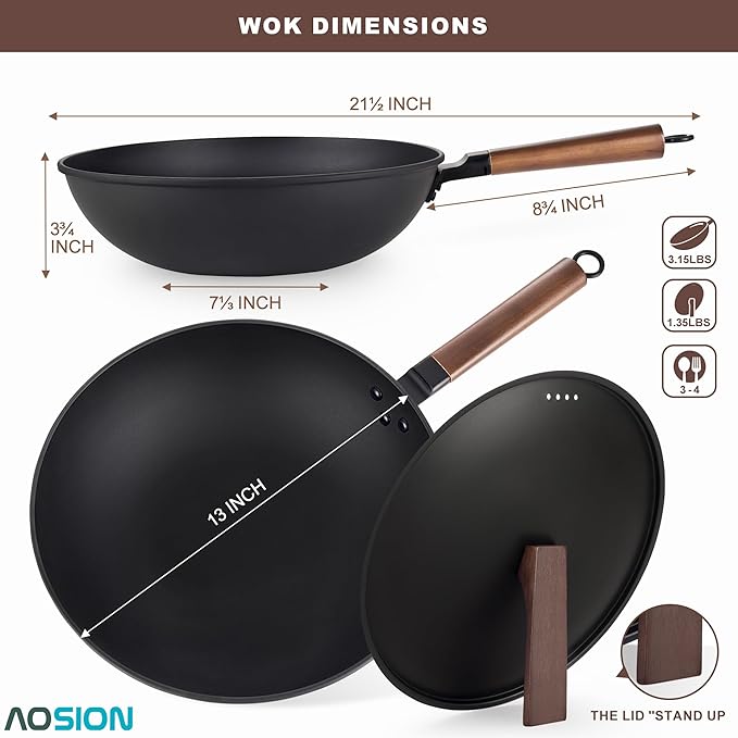 AOSION 13'' Carbon Steel Wok, 12 Piece Wok Pan & Stir-Fry Pans Set with Lid & Cookwares, No Chemical Coated Flat Bottom Chinese Wok Pan for Induction, Electric, Gas, Halogen, All Stoves