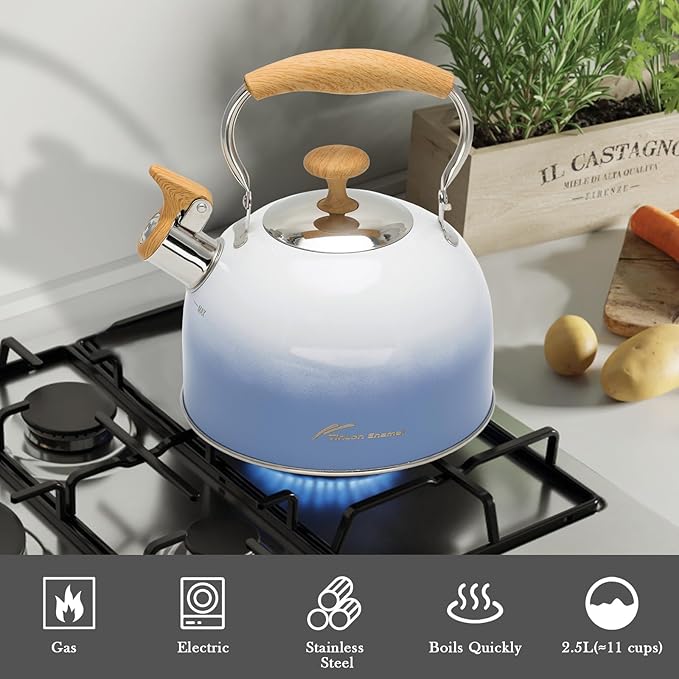 Tea Kettle for Stove Top, 2.5 Quart Whistling Tea Kettle, Food Grade Stainless Steel and Ergonomic Folding Handle, Tea Pots for Tea, Coffee, Milk - Gradient Blue