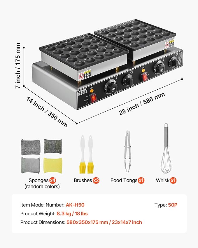 VEVOR 50PCS Mini Dutch Pancake Maker, Non-stick Stainless Steel Dorayaki Baker, 1800W Commercial Electric Poffertjes Grill Pan, Dual Temp & Time Control, for Kitchen Restaurant Breakfast Dessert
