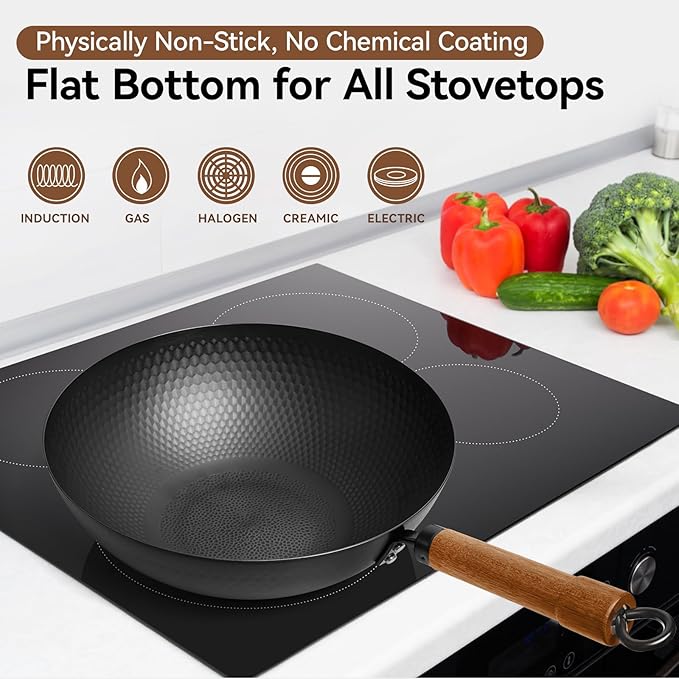 WANGYUANJI 12.6" Iron Wok with Lid, Flat Bottom Nonstick Wok Pan with Detachable Wooden Handle, Chinese Stir Fry Pan for Induction, Gas and Electric Stoves