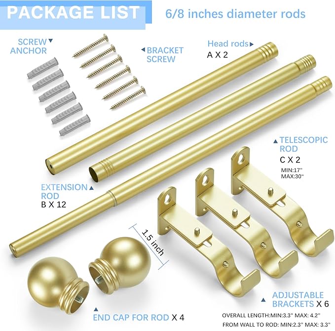 Curtain Rods for Windows 16 to 120 Inches, Curtain Rod Max Adjustable Length of 132 IN, 6/8" Diameter Drapery Rods Round Finials, Warm Gold, Pack of 2