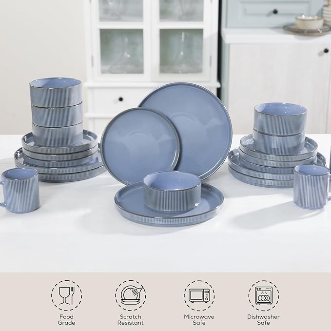 Romswi Stoneware Dinnerware Sets 18Pcs, Ceramic Plates and Bowls Set for 6, Chip & Scratch Resistant Ribbed Dish Set, Handmade Reactive Glaze, Oven, Microwave & Dishwasher Safe, Gray Blue