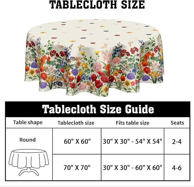 Spring Summer Flower Round Tablecloth 70 Inch Vintage Floral Butterfly Polyester Table Cloth Rustic Farmhouse Table Cover Decoration for Kitchen Dinner Party