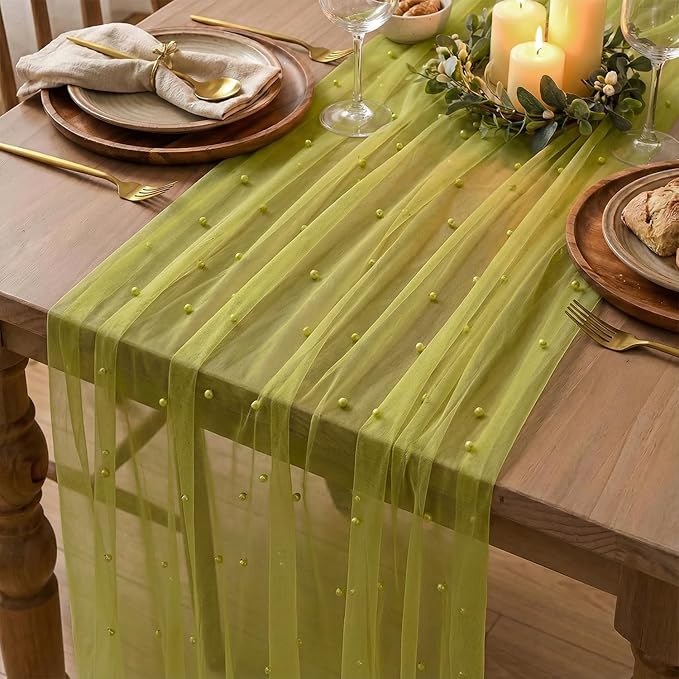 Artoid Mode Pearl Olive Green Gauze Table Runner 120 Inch 10FT, Seasonal Sheer Dining Holiday Wedding Birthday Baby Shower Table Decor for Home Party