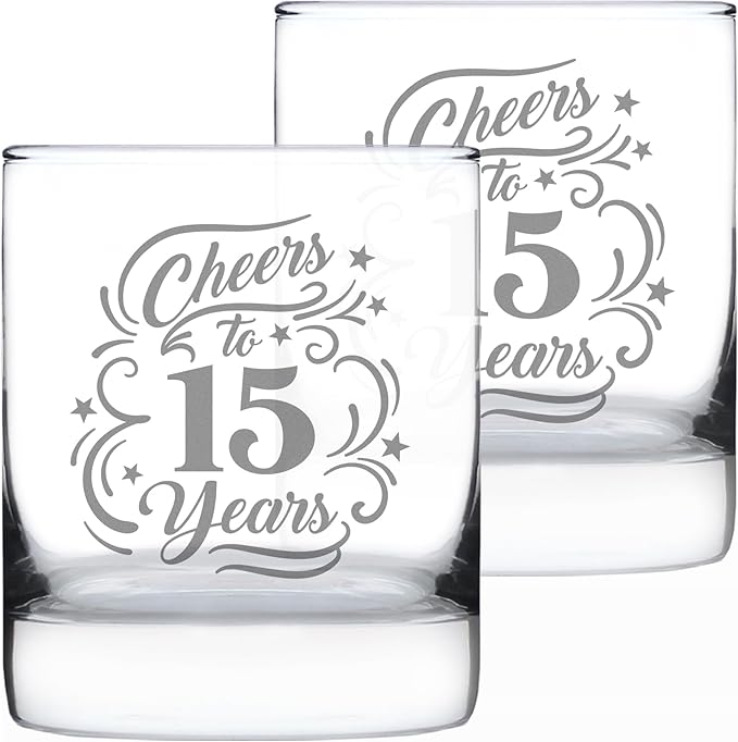 Bevvee Cheers to 15 Years - Whiskey Rocks Glass Gifts for Women & Men - 15th Anniversary Party Decor - Set of 2-10.25 Oz Glasses