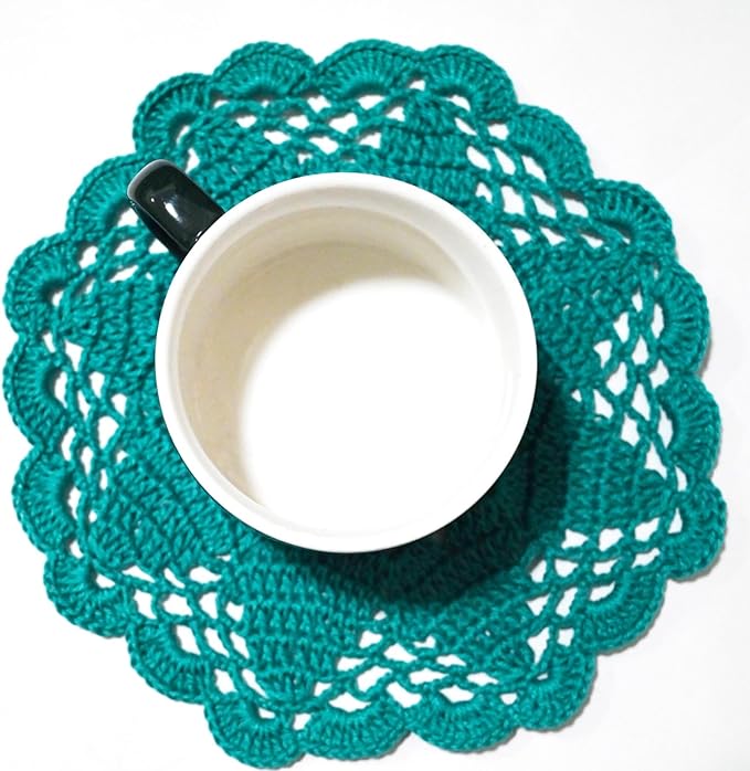 BIBITIME Handmade Crochet Round Lace Doilies Kitchen Table Placemats Wedding Tea Flower Vase Cup Mats (Peacock, 6" to 7",Pack of 2PCS)