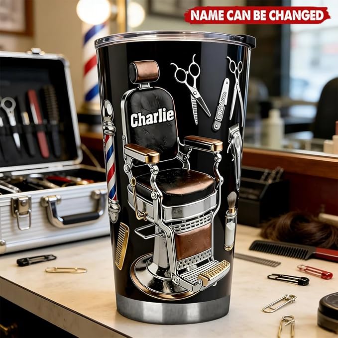 Barber Chair 2D Printed Personalized Tumbler, Barber Tumblers for Men, Custom Name Hairdresser Stainless Steel Tumbler, Barber Gifts for Men, Hairdresser Gifts, Hairstylist Gift for Men, Husband, Dad