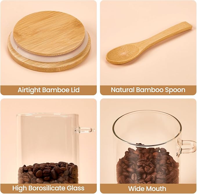 4 Pack Overnight Oats Containers with Bamboo Lids and Spoons - 22 oz Airtight Glass Jars with Lid, Meal Prep Jars for Chia Pudding, Yogurt, Salad, Cereal, Coffee, Flour | Food Storage Canister