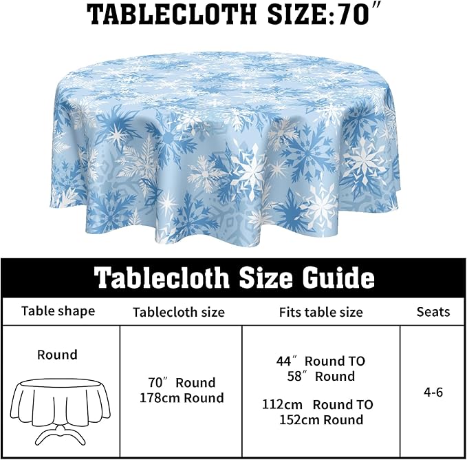 Blue Christmas Round Tablecloth 70 Inch Winter Snowflake Blue and White Table Cloth Round Xmas Holiday Table Cover for Kitchen Dinner Home Decor