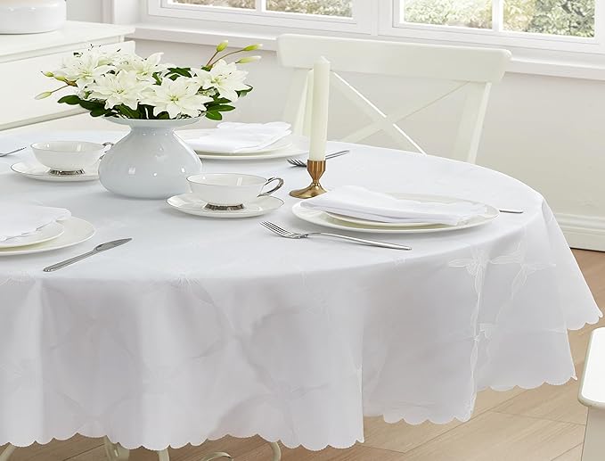 Newbridge Ribbons and Bows Damask Spring & Easter Holiday Fabric Tablecloth, White, 60 x 102 Inch Oval, Wrinkle & Stain Resistant Table Cover