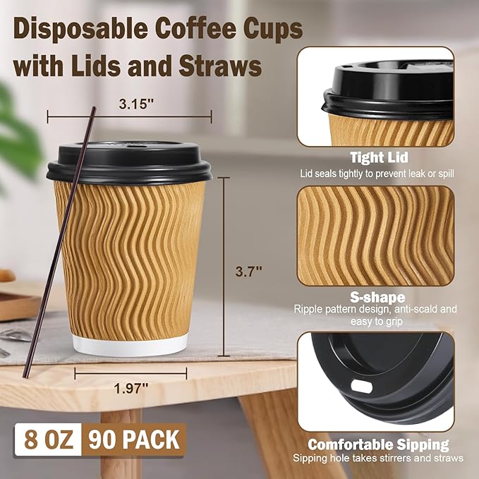 SIUQ 90 Pack - 8 oz Disposable Coffee Cups with Lids and Straws,To go Coffee Cups,Insulated Corrugated Paper Cups,Kraft Ripple Wall Cups for Hot Beverage or Cold Drinks -Champagne