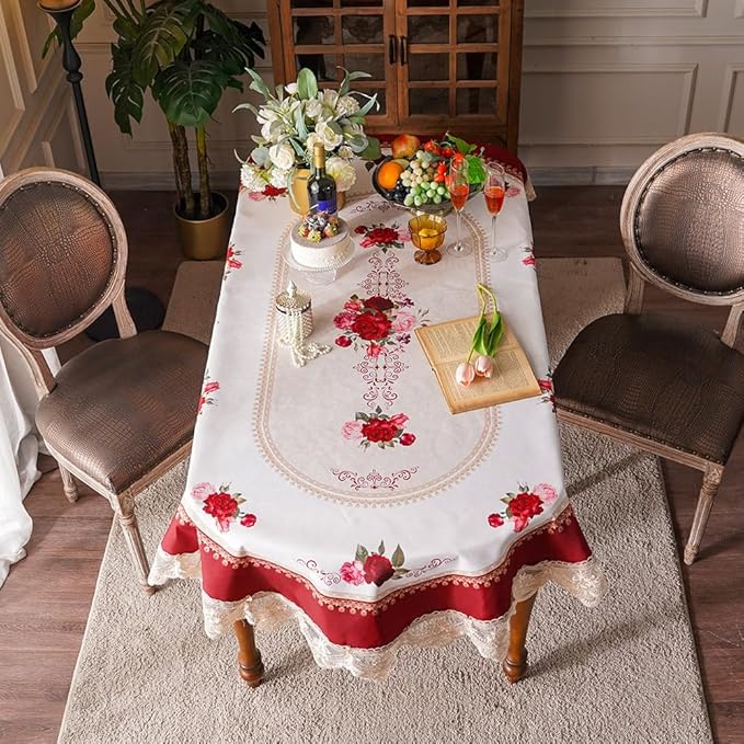 SUTAVIA Oval Lace Table Cloth Waterproof Farmhouse Table Cover Classic Country Rose Floral Decor Tablecloth with Embroidery Macrame for Home Holiday Party Dining Table(Burgundy, Oval, 102"x60")