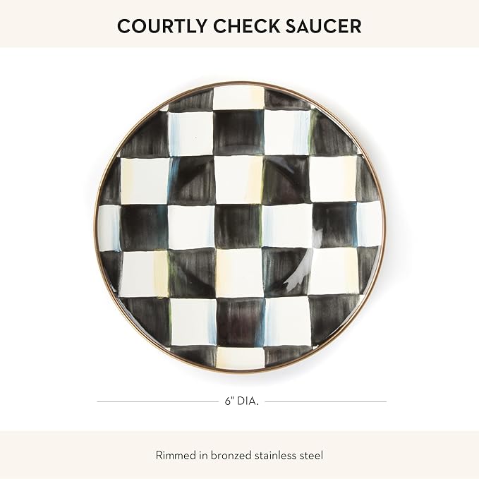 MACKENZIE-CHILDS Enamel Saucer, Small Enamel Plate for Teacups, Black-and-White Courtly Check