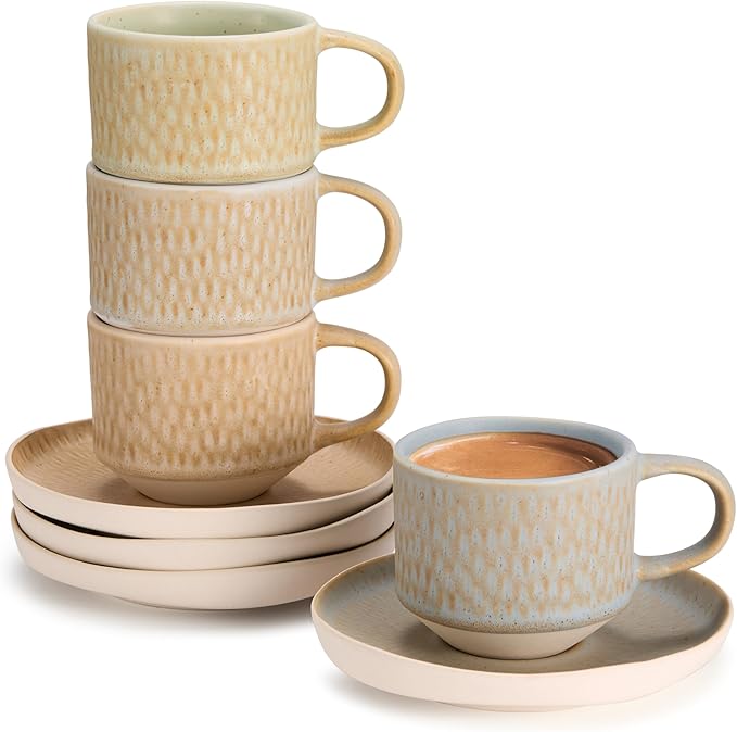 KooK Espresso Mug and Saucer Set, Ceramic Cups and Plates with Rustic Organic Shape and Feathered Texture, Dishwasher and Microwave Safe, Set of 4, Neutral Multicolor (5.5 Oz)