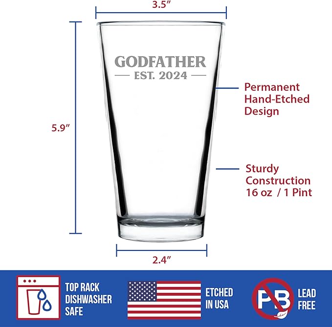 Bevvee Godfather Est 2024 - New Godfather Pint Glass Proposal Gift for First Time Godparents - Bold 16 Oz Glasses